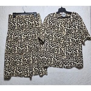 Vintage Voir Leopard Print 2 Piece Skirt Set Women Medium Button Front 90s Brown